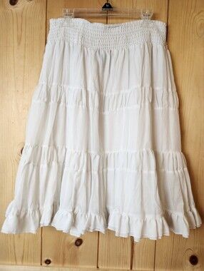 Surrale White Cotton Blend Boho Tiered Smocked Waist Fairy Midi Skirt